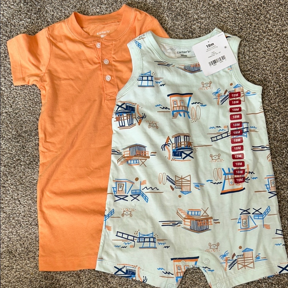 🧡🦀 18M Orange and Printed Romper Set 🦀🧡